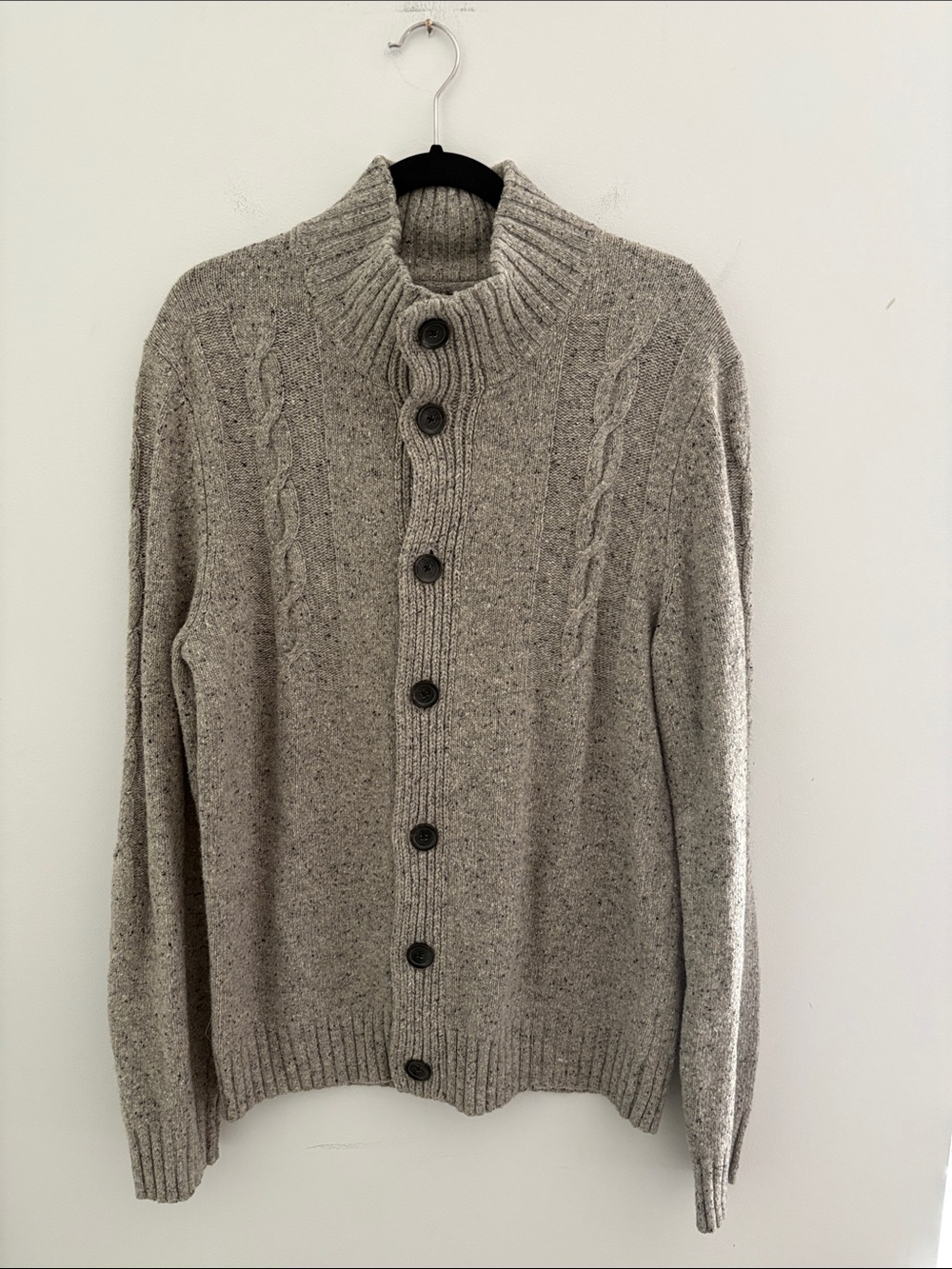 RW&CO. Men's Heathered Light Grey Lambswool Cable Cardigan Size L